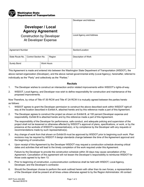 DOT Form 224-063 Developer/Local Agency Agreement - Washington