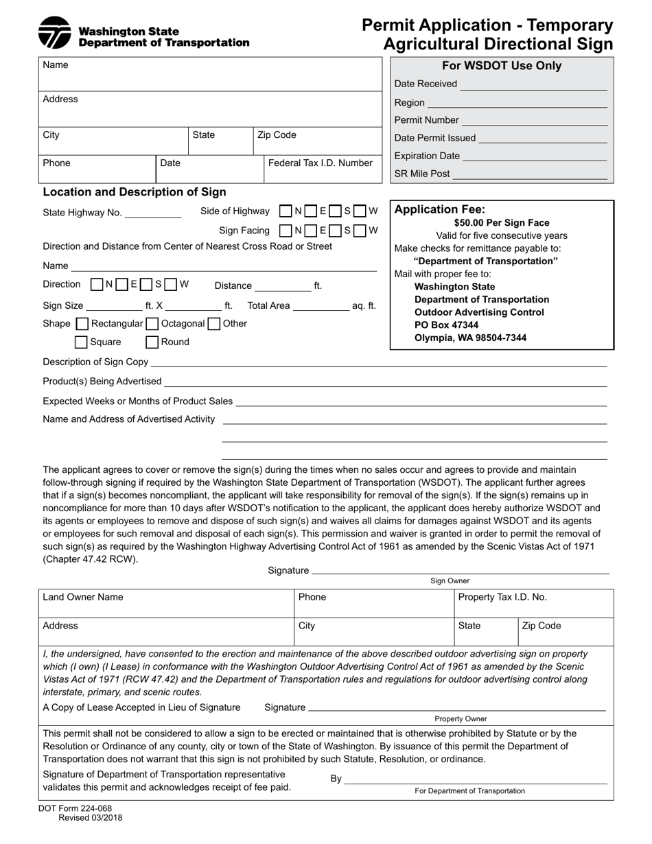 DOT Form 224-068 Permit Application - Temporary Agricultural Directional Sign - Washington, Page 1