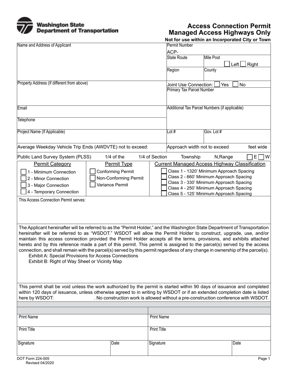 DOT Form 224-005 Access Connection Permit - Managed Access Highways Only - Washington, Page 1