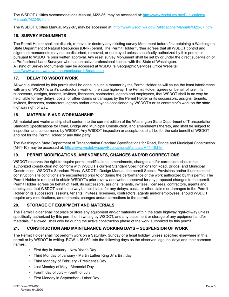 DOT Form 224-005 Access Connection Permit - Managed Access Highways Only - Washington, Page 5