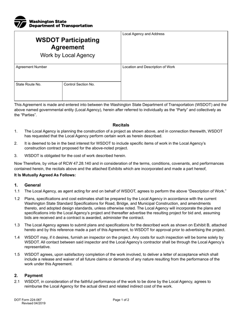DOT Form 224-067  Printable Pdf