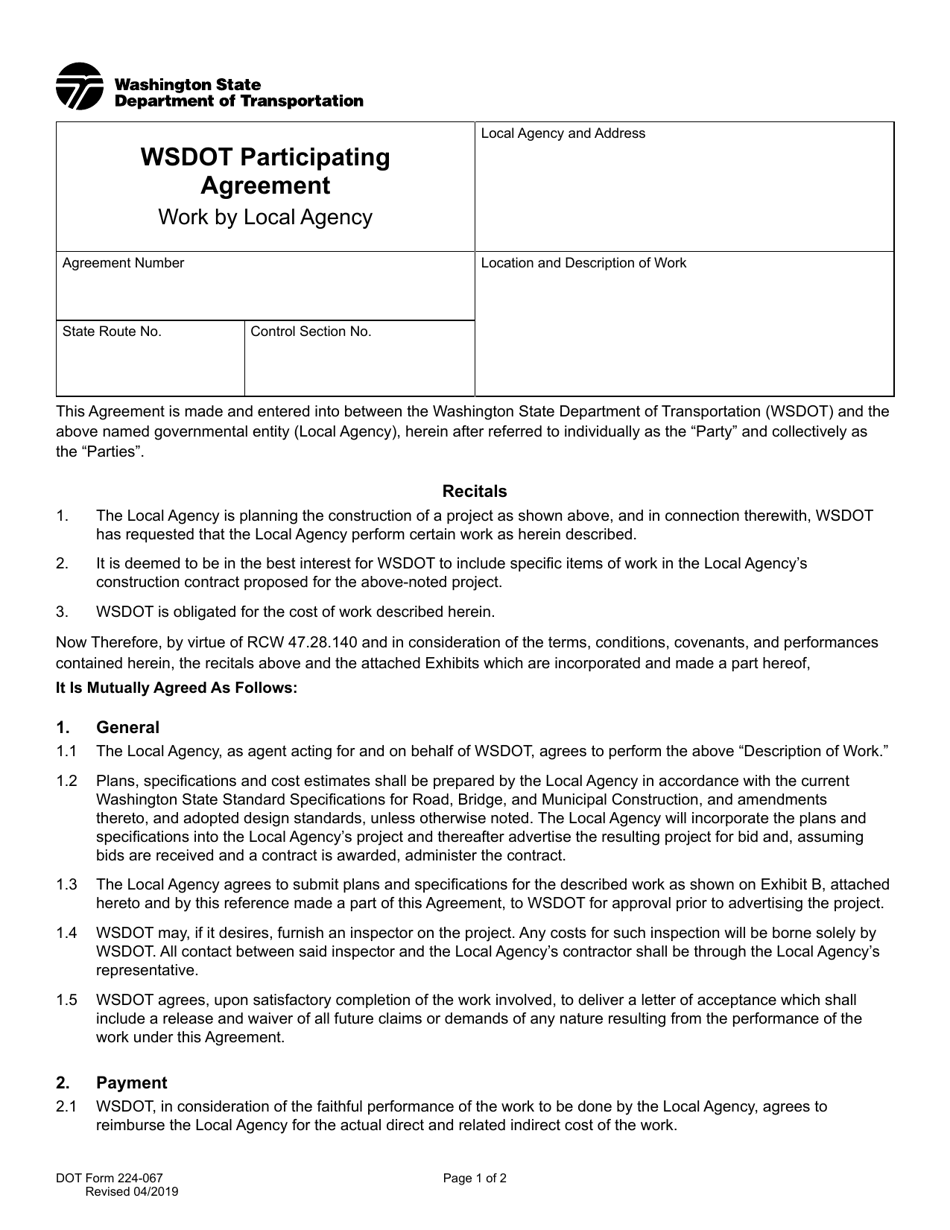 DOT Form 224-067 Wsdot Participating Agreement - Work by Local Agency - Washington, Page 1