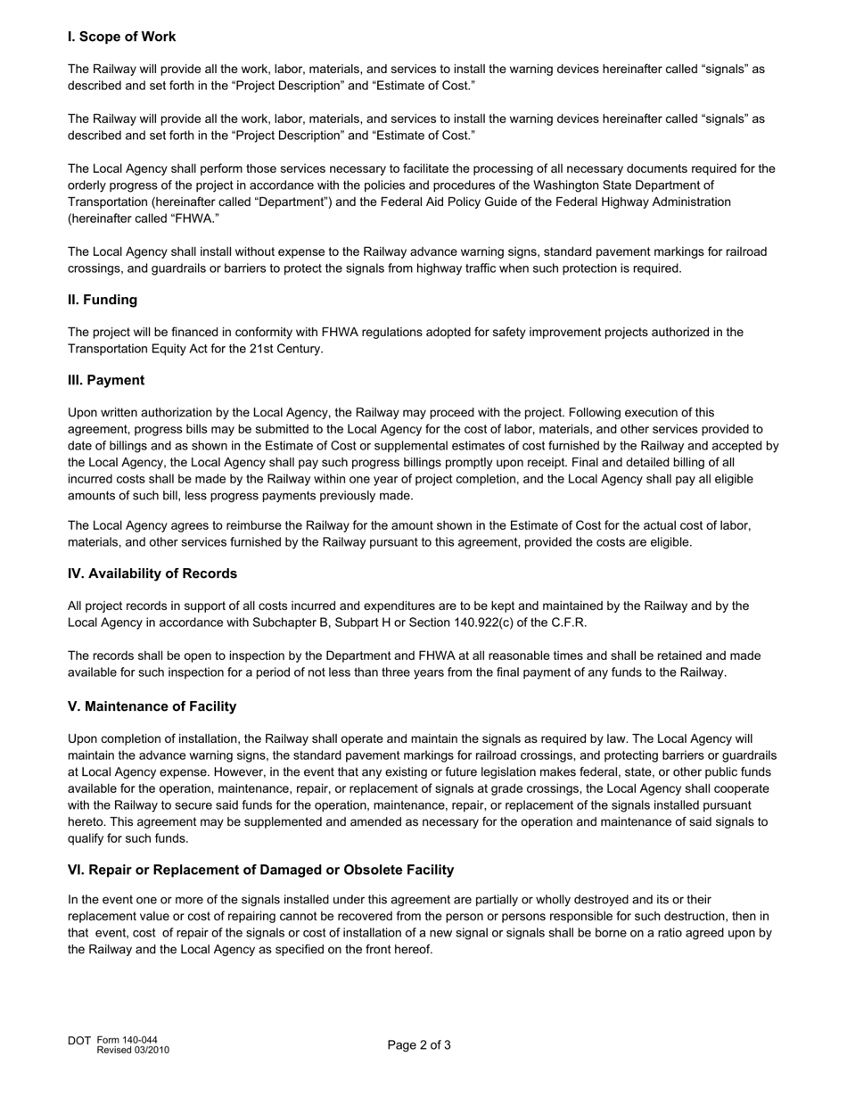 DOT Form 140-044 Local Agency Railway Agreement - Federal Aid Safety Projects Highway-Railway Grade Crossing Warning Devices - Washington, Page 2