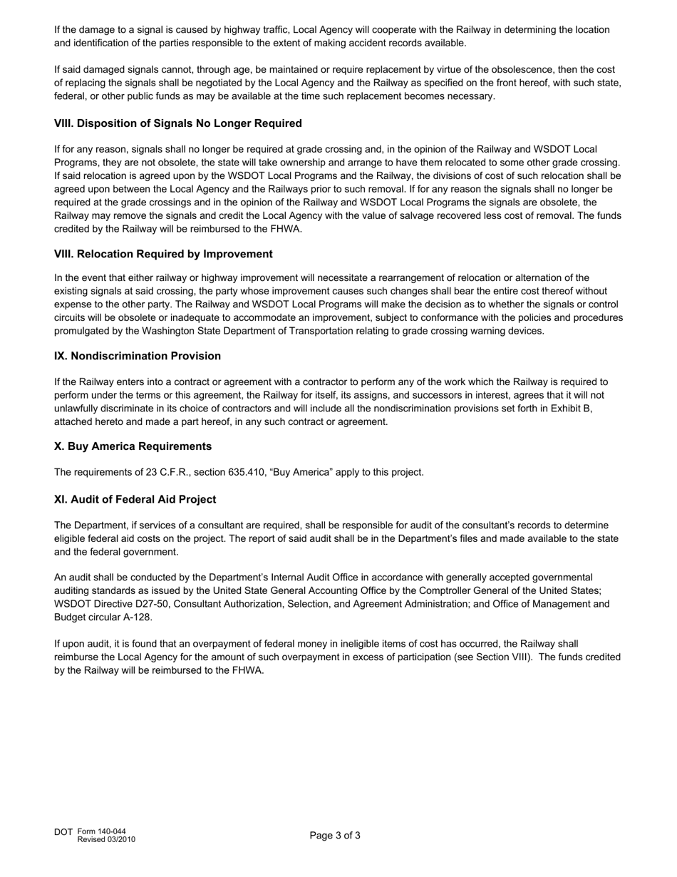 DOT Form 140-044 Local Agency Railway Agreement - Federal Aid Safety Projects Highway-Railway Grade Crossing Warning Devices - Washington, Page 3