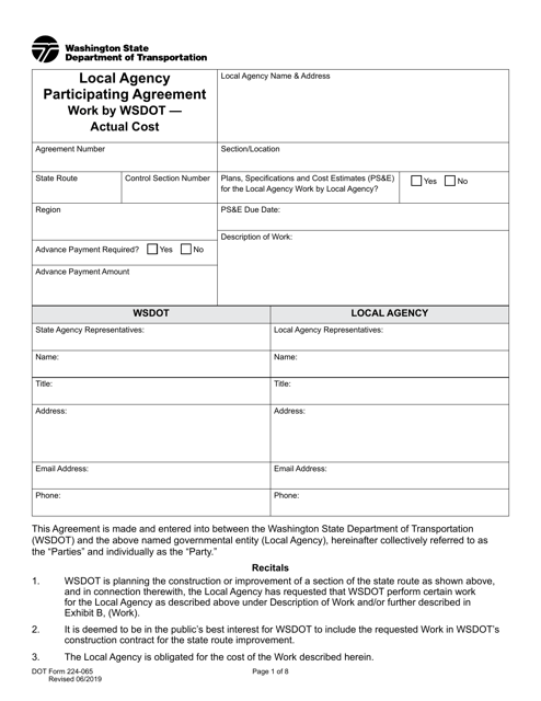 DOT Form 224-065 Local Agency Participating Agreement - Work by Wsdot - Actual Cost - Washington