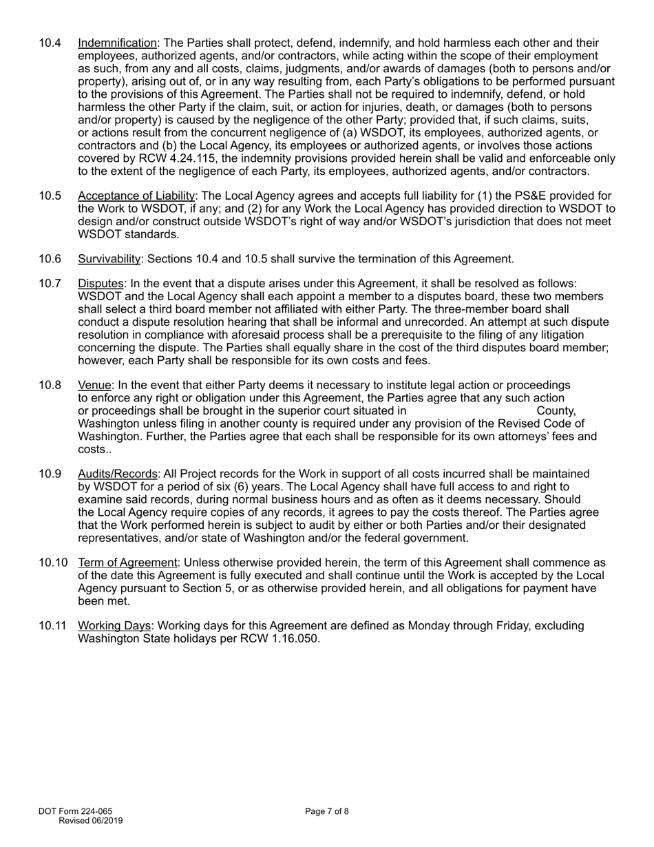 DOT Form 224-065 Local Agency Participating Agreement - Work by Wsdot - Actual Cost - Washington, Page 7