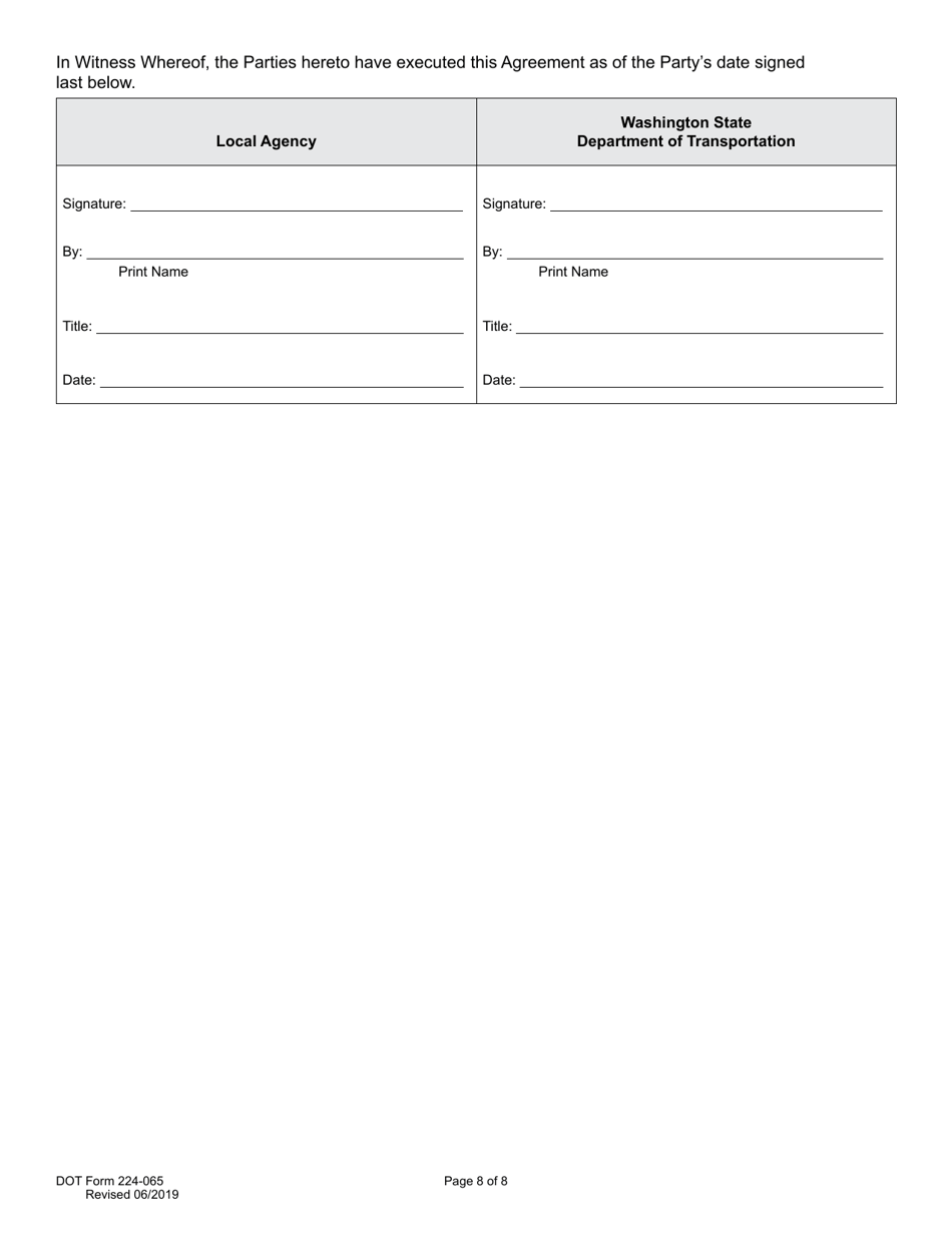 DOT Form 224-065 Local Agency Participating Agreement - Work by Wsdot - Actual Cost - Washington, Page 8