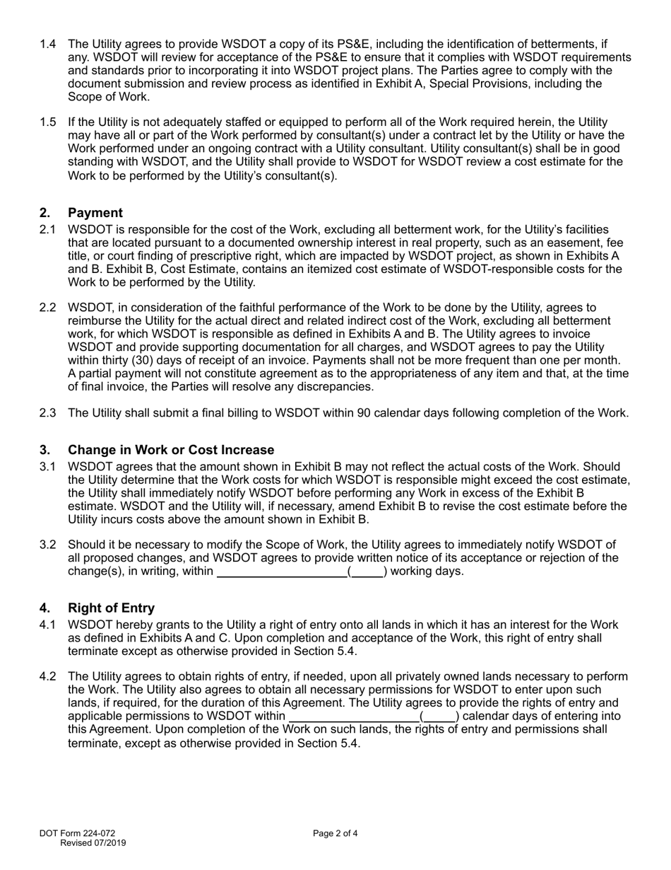 DOT Form 224-072 Utility Preliminary Engineering Agreement - Work by Utility - Wsdot Cost - Washington, Page 2
