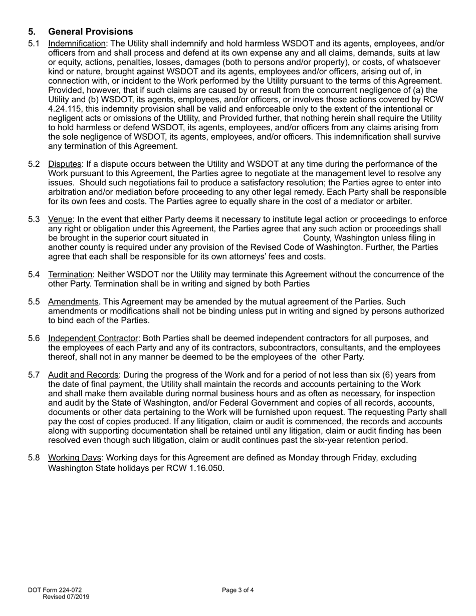 DOT Form 224-072 Utility Preliminary Engineering Agreement - Work by Utility - Wsdot Cost - Washington, Page 3