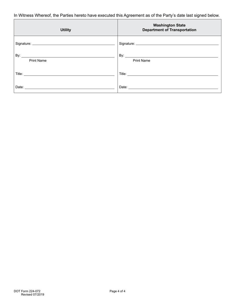 DOT Form 224-072 Utility Preliminary Engineering Agreement - Work by Utility - Wsdot Cost - Washington, Page 4