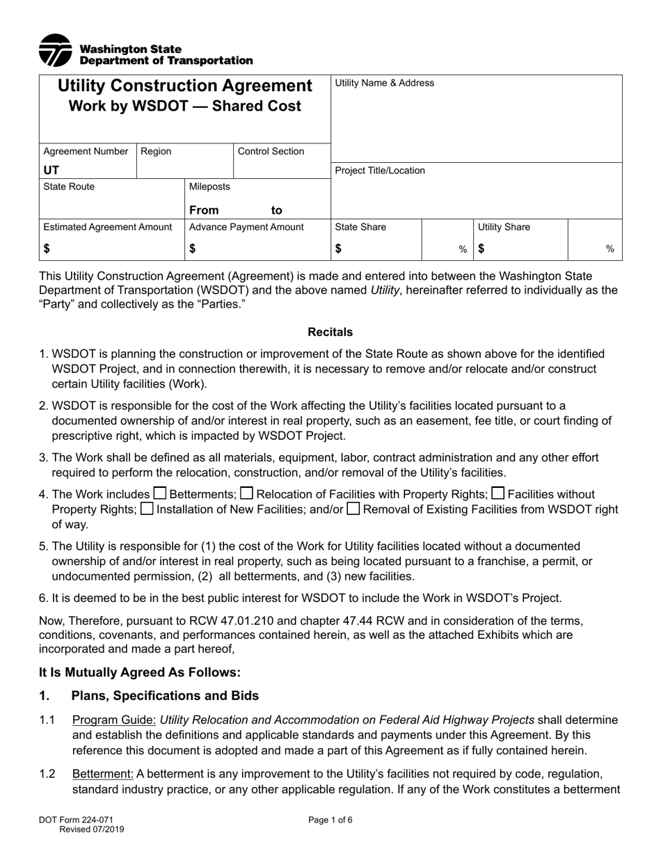 DOT Form 224-071 Utility Construction Agreement - Work by Wsdot - Shared Cost - Washington, Page 1