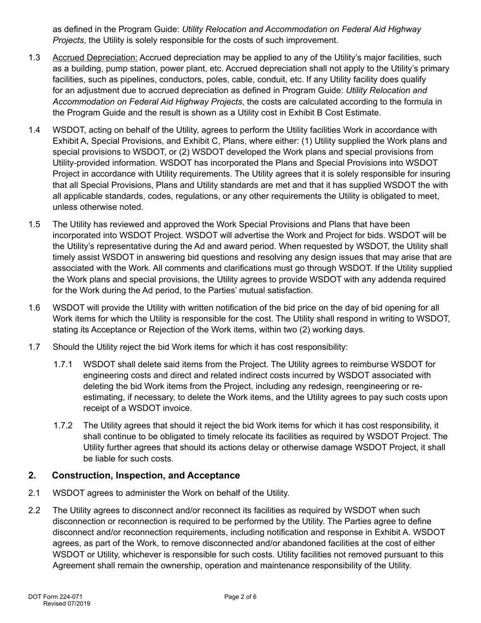 DOT Form 224-071 Utility Construction Agreement - Work by Wsdot - Shared Cost - Washington, Page 2