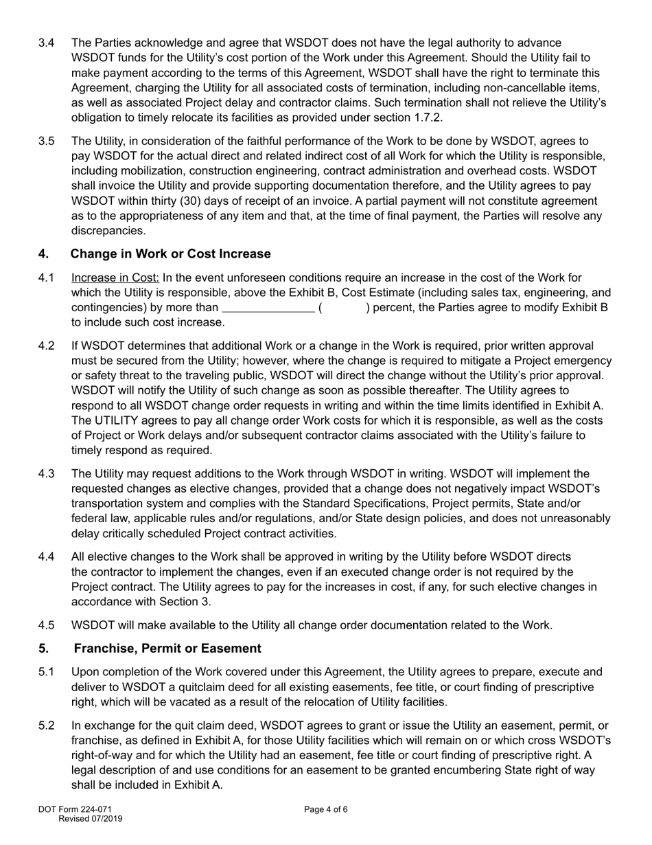 DOT Form 224-071 Utility Construction Agreement - Work by Wsdot - Shared Cost - Washington, Page 4