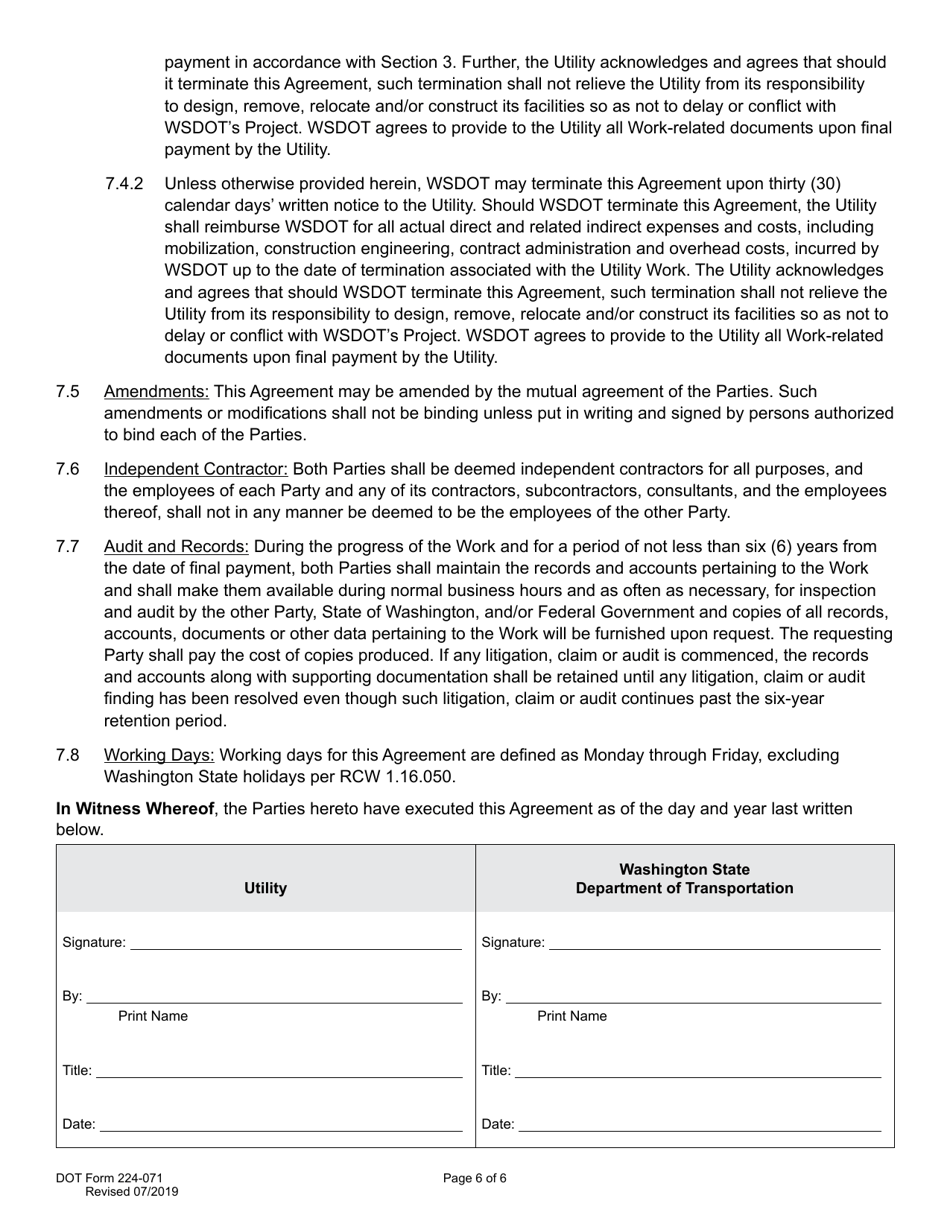 DOT Form 224-071 Utility Construction Agreement - Work by Wsdot - Shared Cost - Washington, Page 6