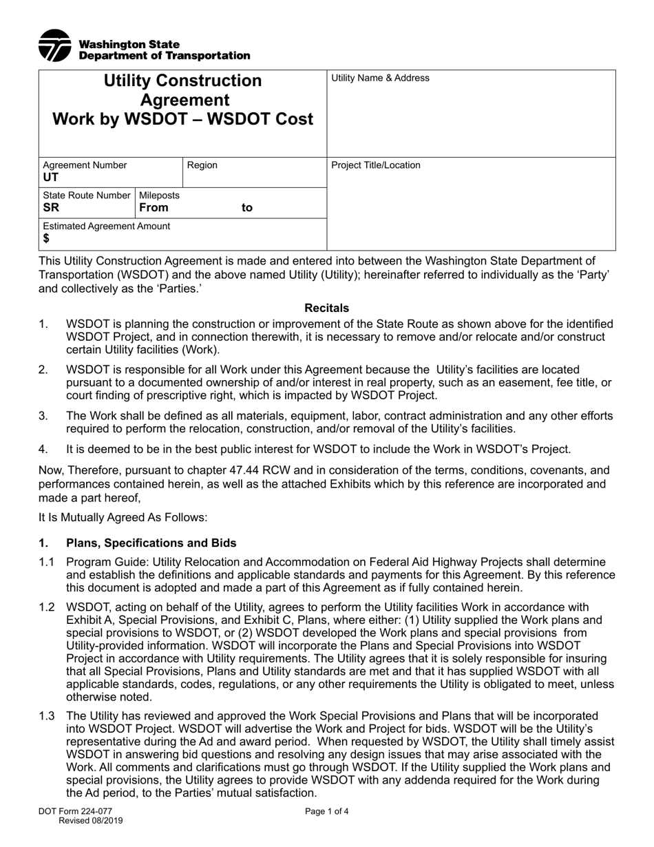 DOT Form 224-077 Utility Construction Agreement - Work by Wsdot - Wsdot Cost - Washington, Page 1