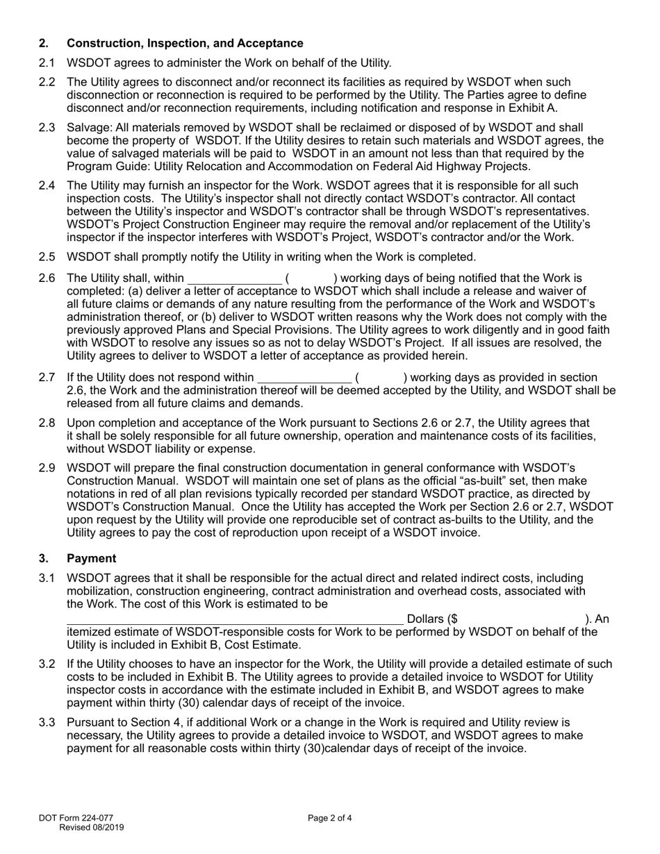 DOT Form 224-077 Utility Construction Agreement - Work by Wsdot - Wsdot Cost - Washington, Page 2