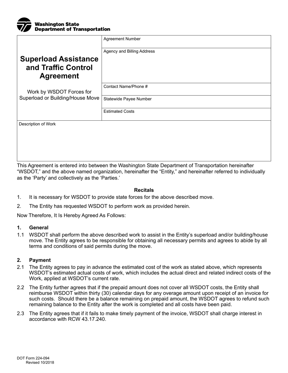 DOT Form 224-094 Superload Assistance and Traffic Control Agreement - Washington, Page 1