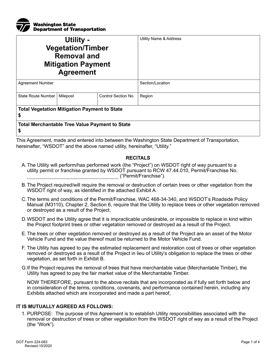 DOT Form 224-083 Utility - Vegetation / Timber Removal and Mitigation Payment Agreement - Washington, Page 1