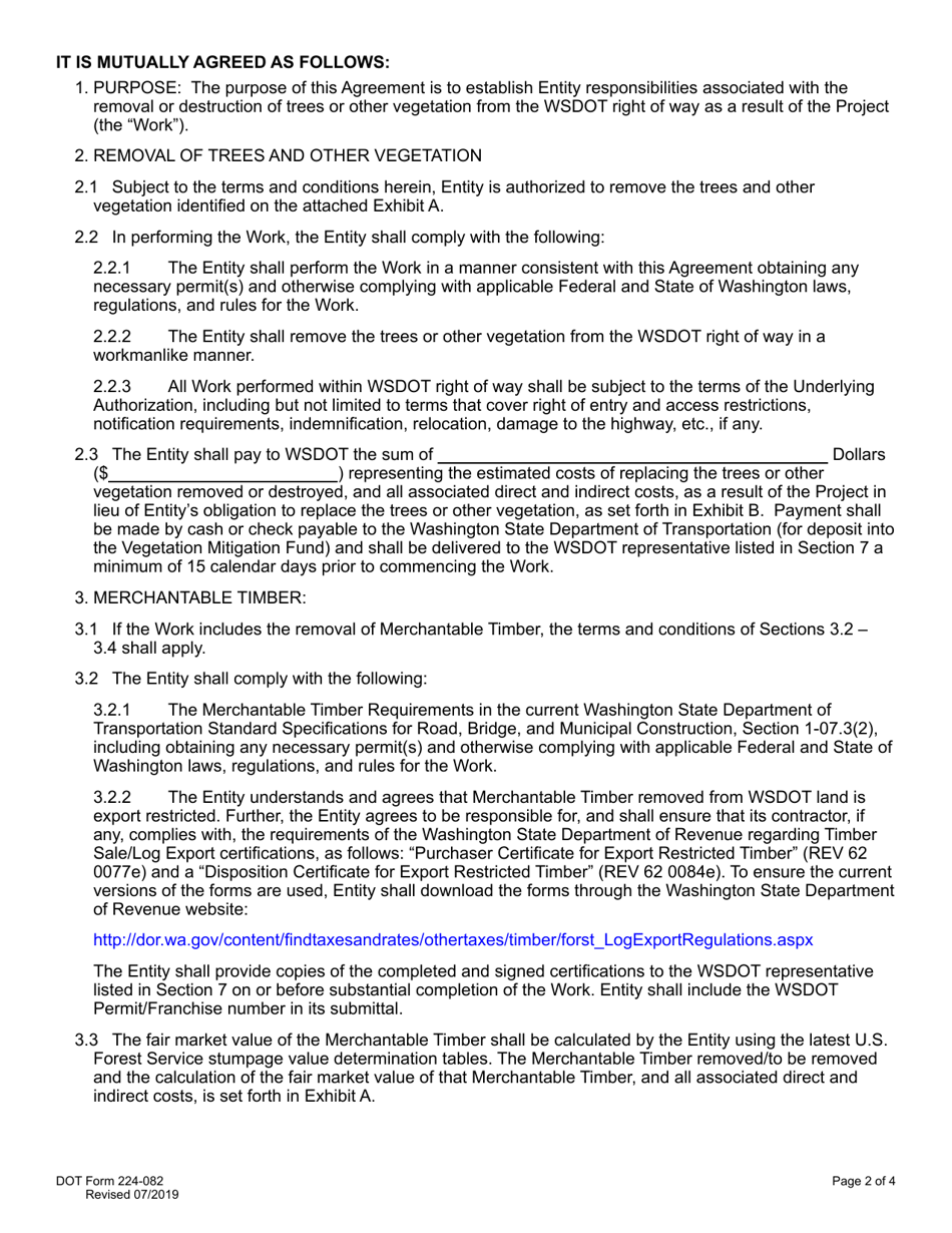 DOT Form 224-082 Vegetation / Timber Removal and Mitigation Payment Agreement (For Non-utility) - Washington, Page 2