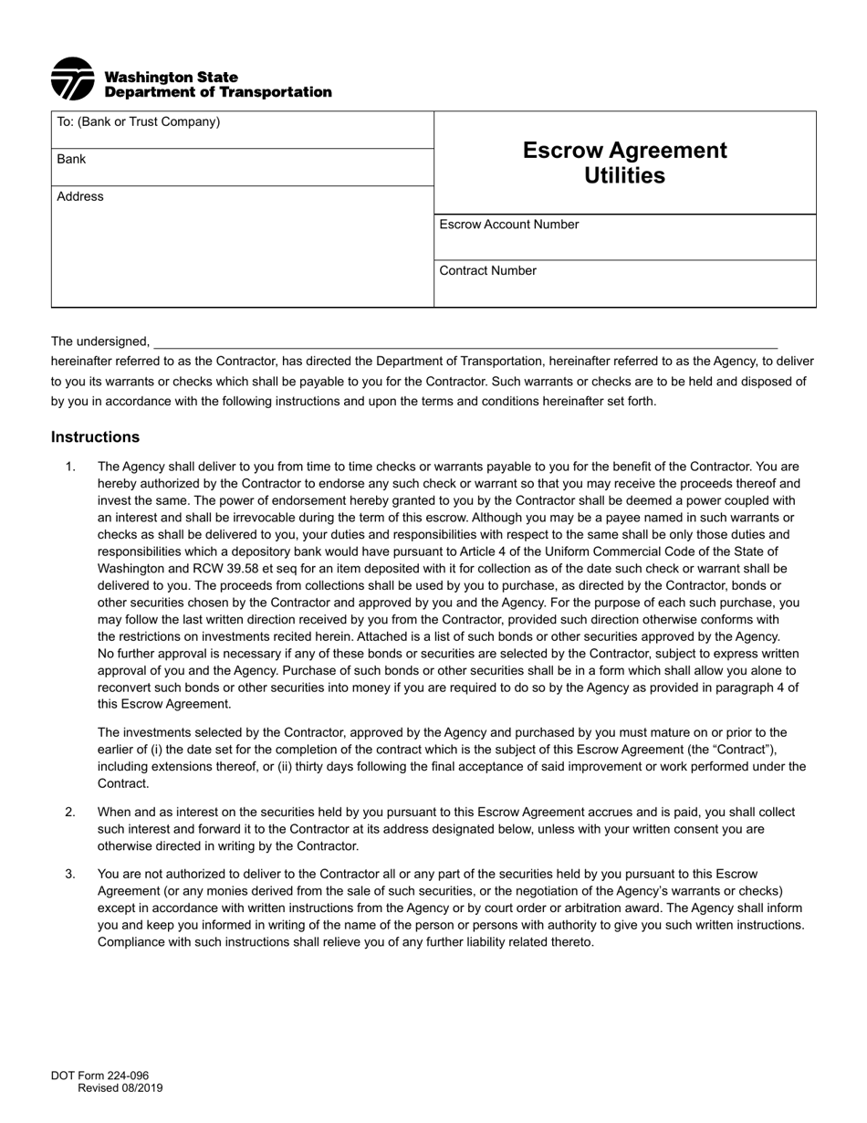 DOT Form 224-096 Escrow Agreement Utilities - Washington, Page 1