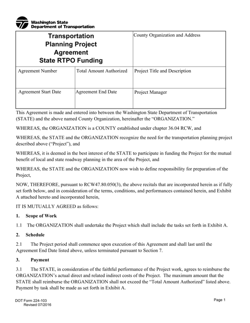 DOT Form 224-103 Transportation Planning Project Agreement State Rtpo Funding - Washington