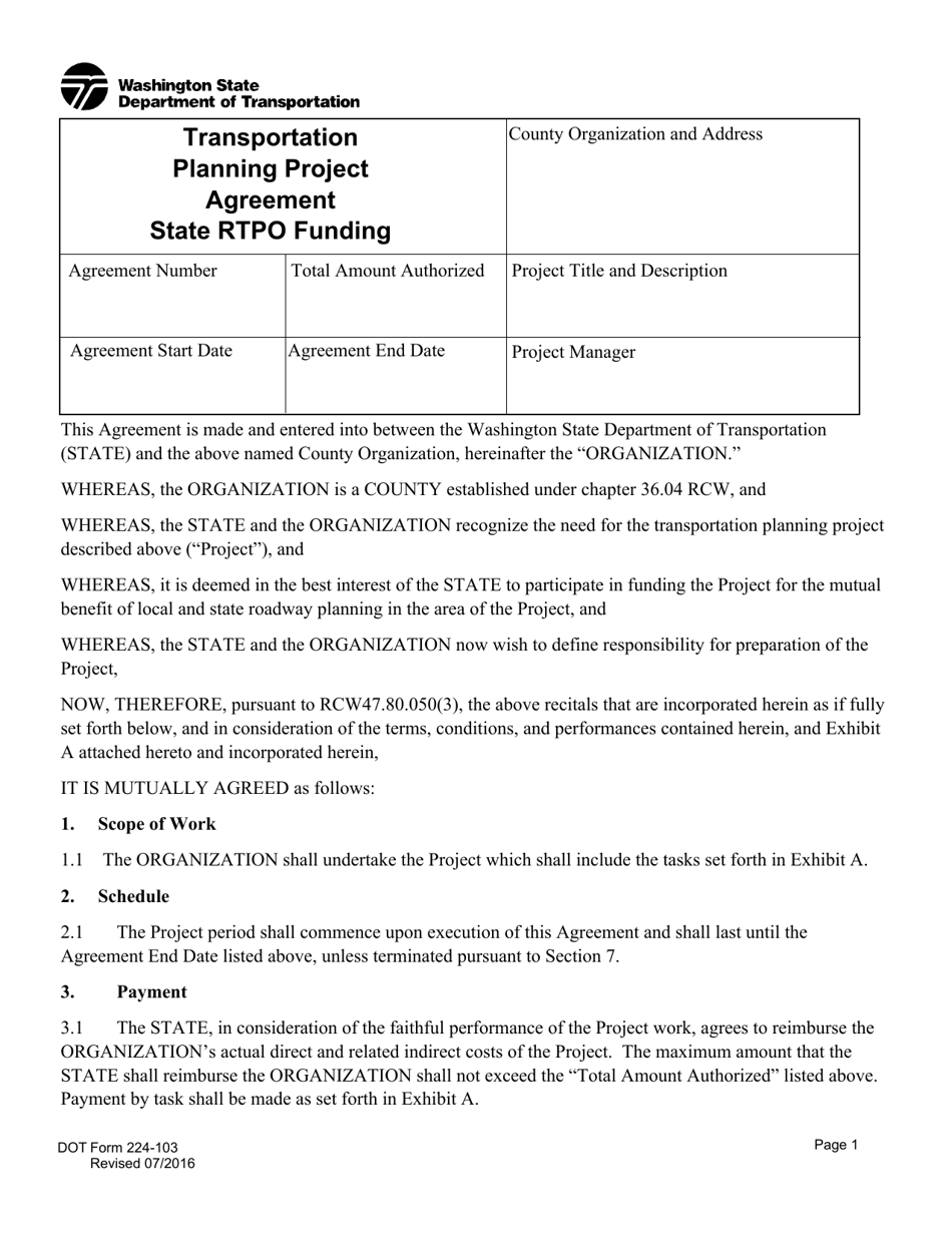 DOT Form 224-103 Transportation Planning Project Agreement State Rtpo Funding - Washington, Page 1