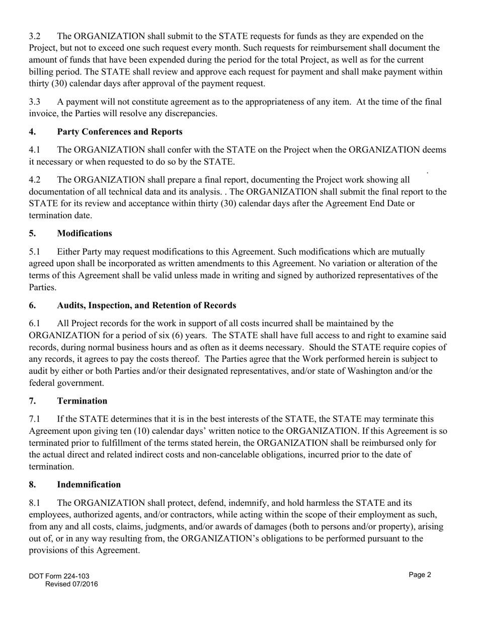 DOT Form 224-103 Transportation Planning Project Agreement State Rtpo Funding - Washington, Page 2