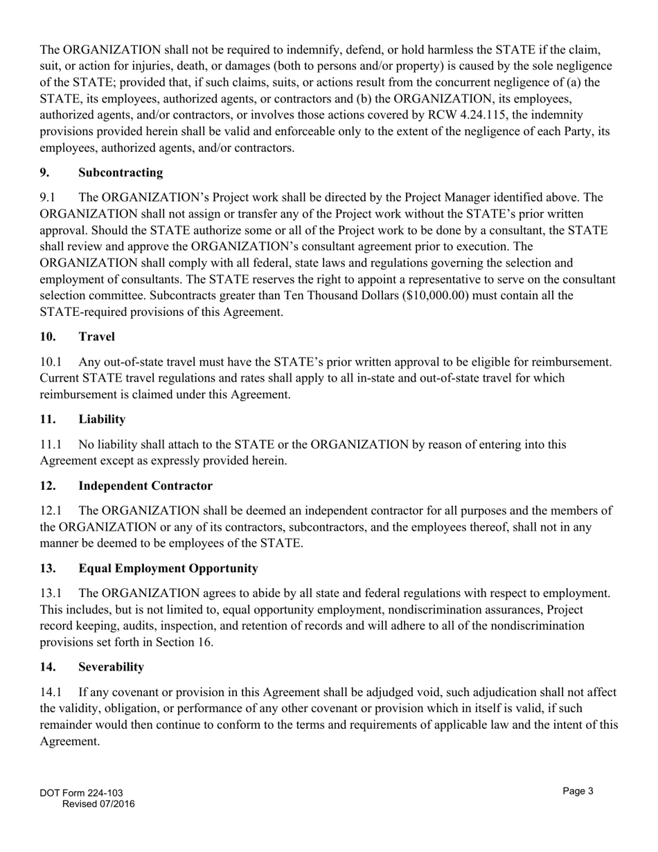 DOT Form 224-103 Transportation Planning Project Agreement State Rtpo Funding - Washington, Page 3