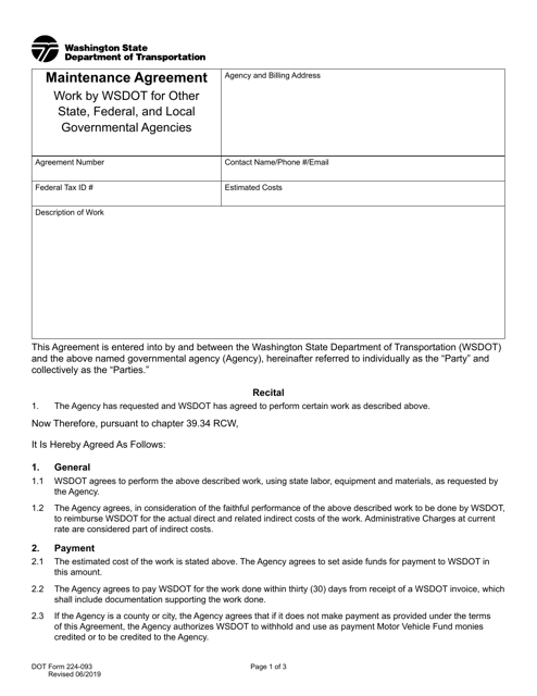 DOT Form 224-093 Maintenance Agreement - Work by Wsdot for Other State, Federal, and Local Governmental Agencies - Washington