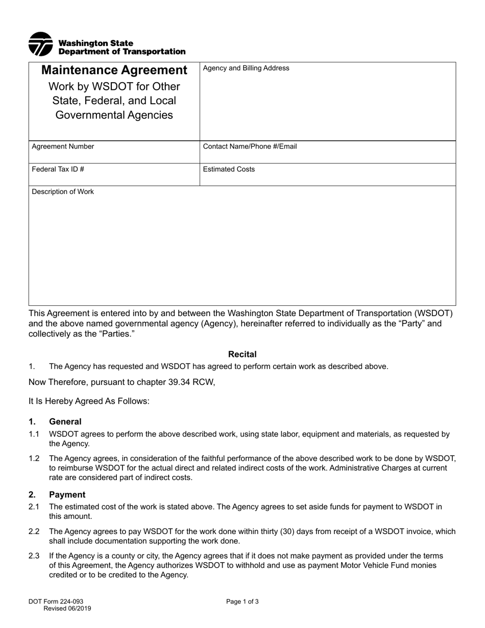 DOT Form 224-093 Maintenance Agreement - Work by Wsdot for Other State, Federal, and Local Governmental Agencies - Washington, Page 1