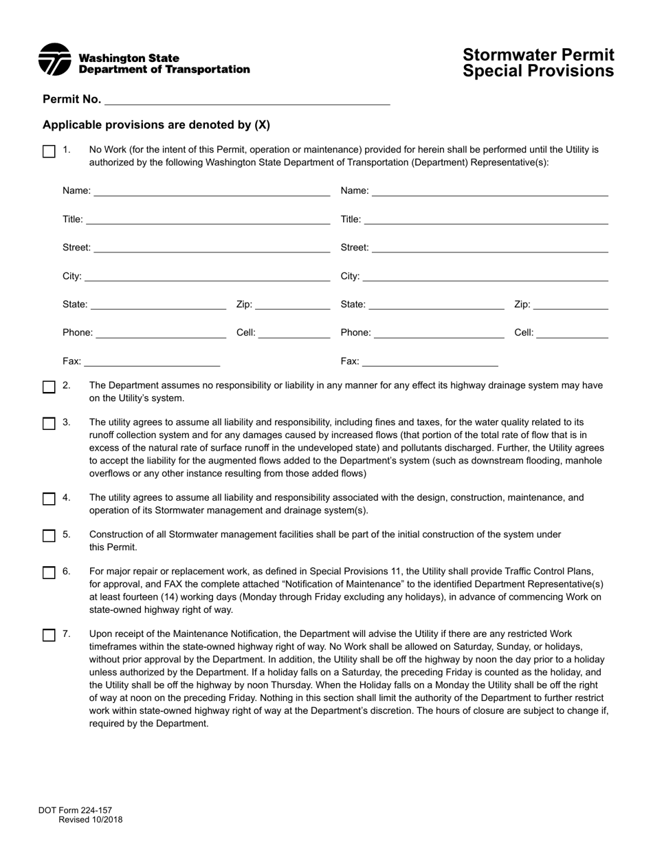 DOT Form 224-157 Stormwater Permit Special Provisions - Washington, Page 1
