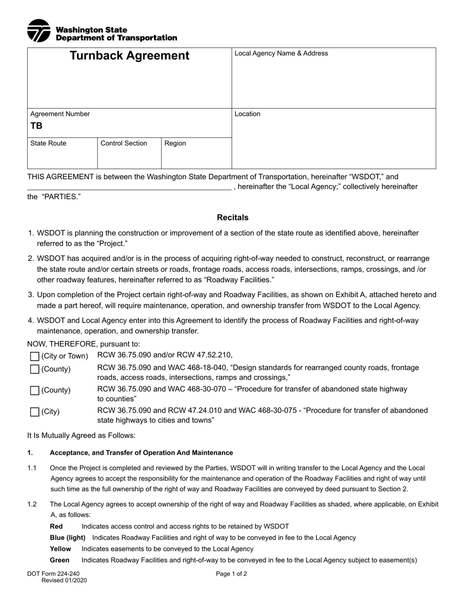 DOT Form 224-240 Turnback Agreement - Washington, Page 1