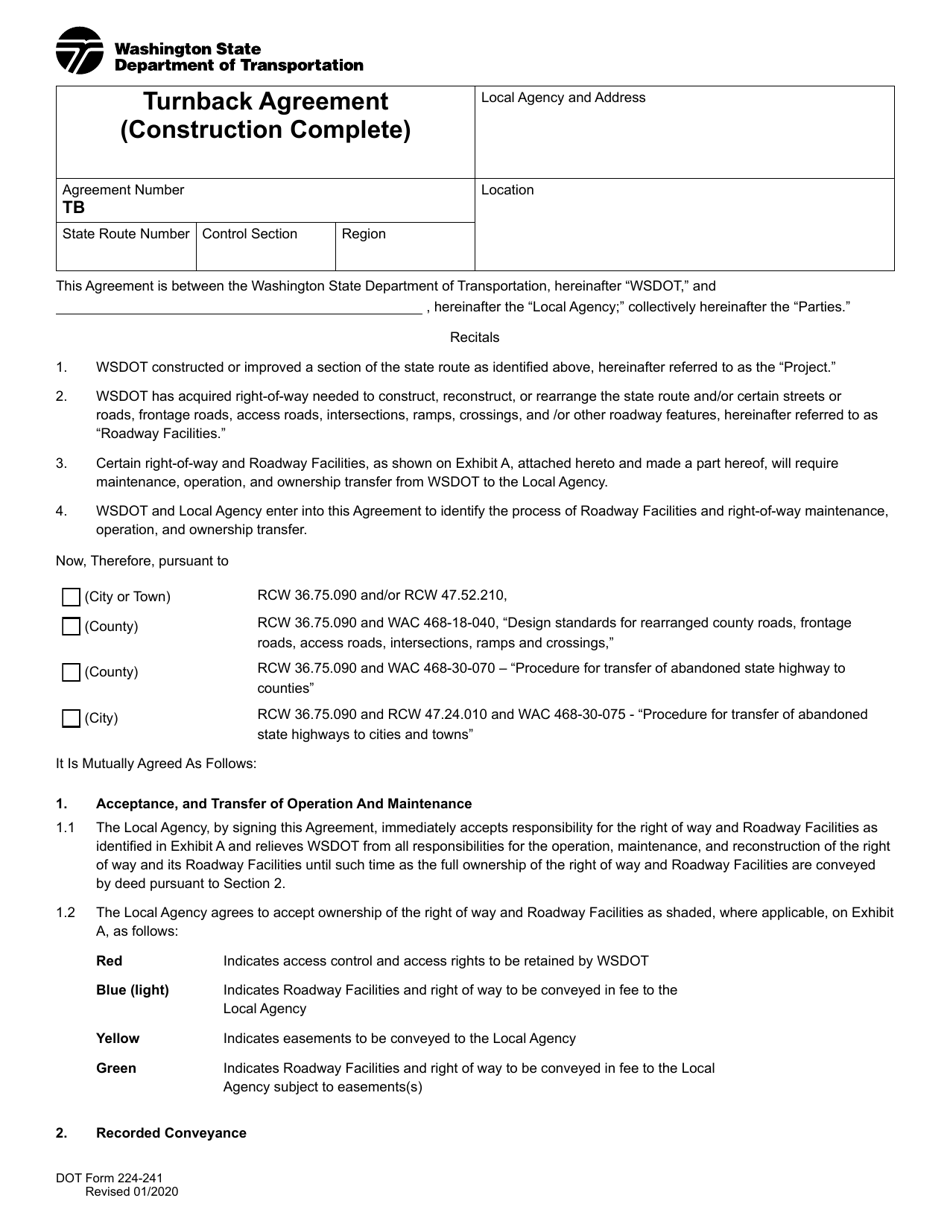 DOT Form 224-241 Turnback Agreement (Construction Complete) - Washington, Page 1
