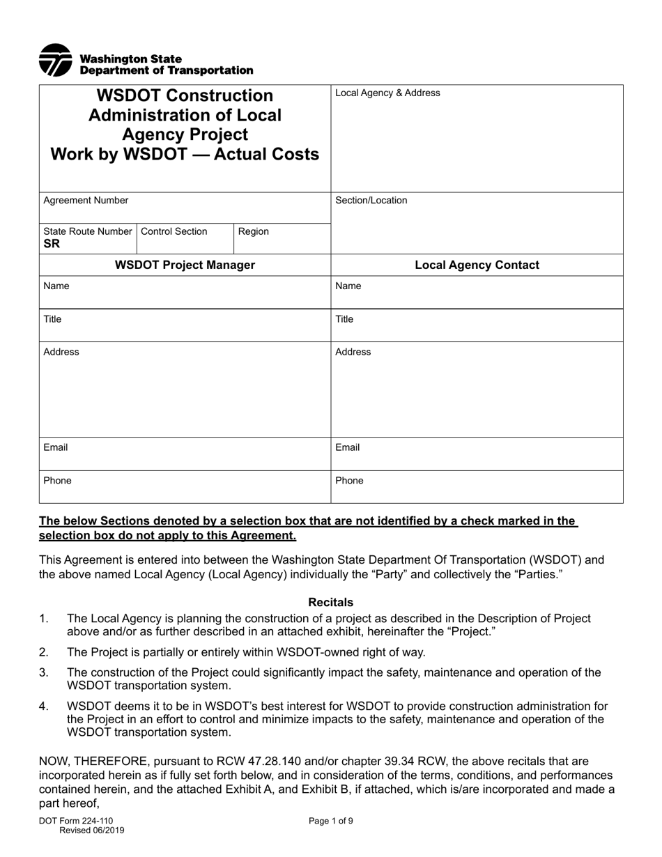 DOT Form 224-110 Wsdot Construction Administration of Local Agency Project - Work by Wsdot - Actual Costs - Washington, Page 1