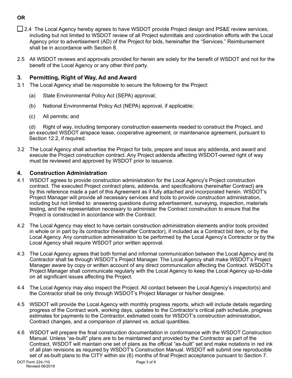 DOT Form 224-110 Wsdot Construction Administration of Local Agency Project - Work by Wsdot - Actual Costs - Washington, Page 3