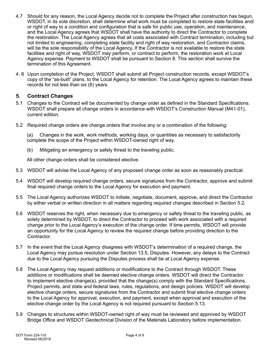 DOT Form 224-110 Wsdot Construction Administration of Local Agency Project - Work by Wsdot - Actual Costs - Washington, Page 4