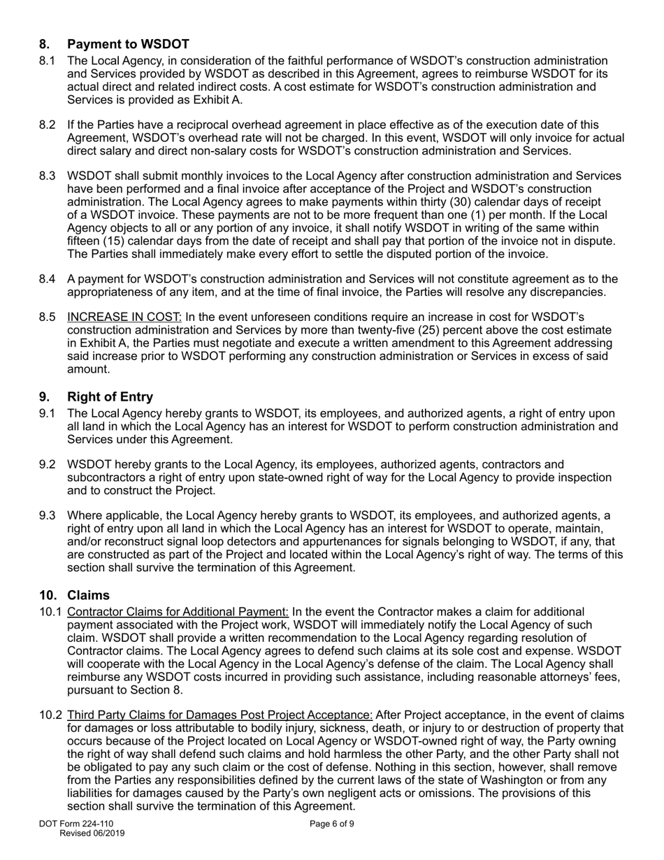 DOT Form 224-110 Wsdot Construction Administration of Local Agency Project - Work by Wsdot - Actual Costs - Washington, Page 6