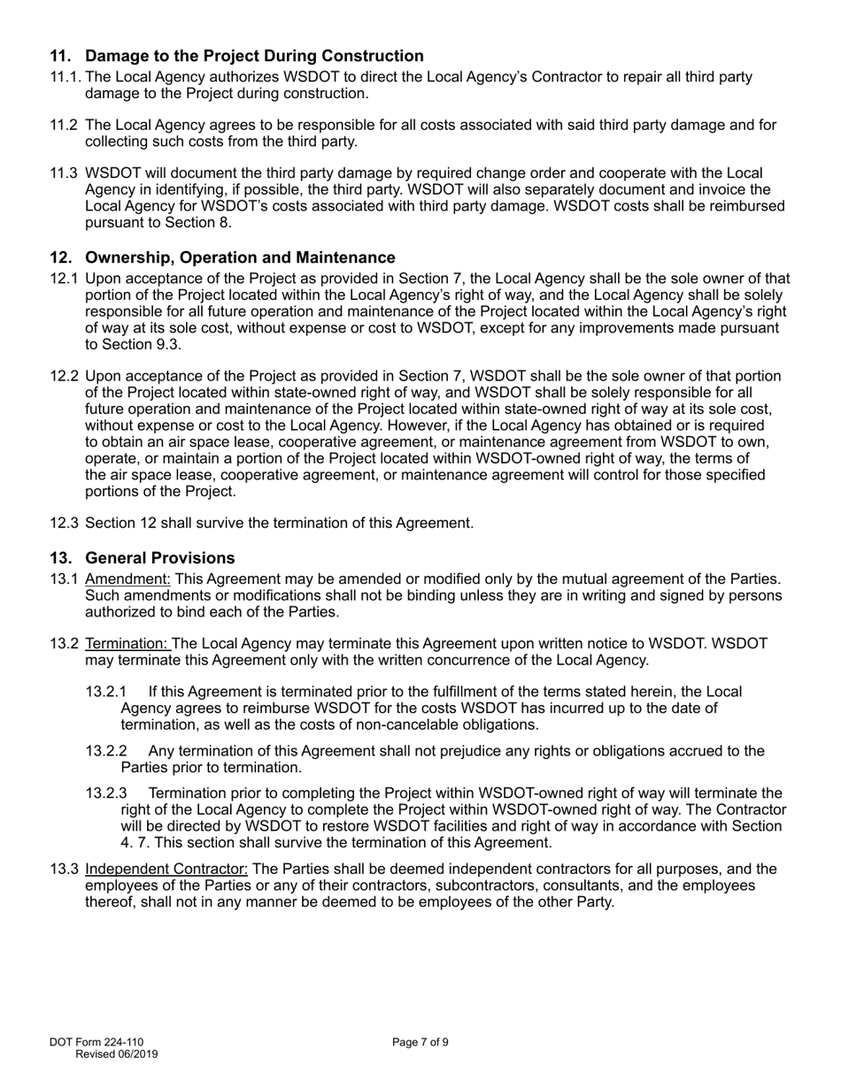 DOT Form 224-110 Wsdot Construction Administration of Local Agency Project - Work by Wsdot - Actual Costs - Washington, Page 7