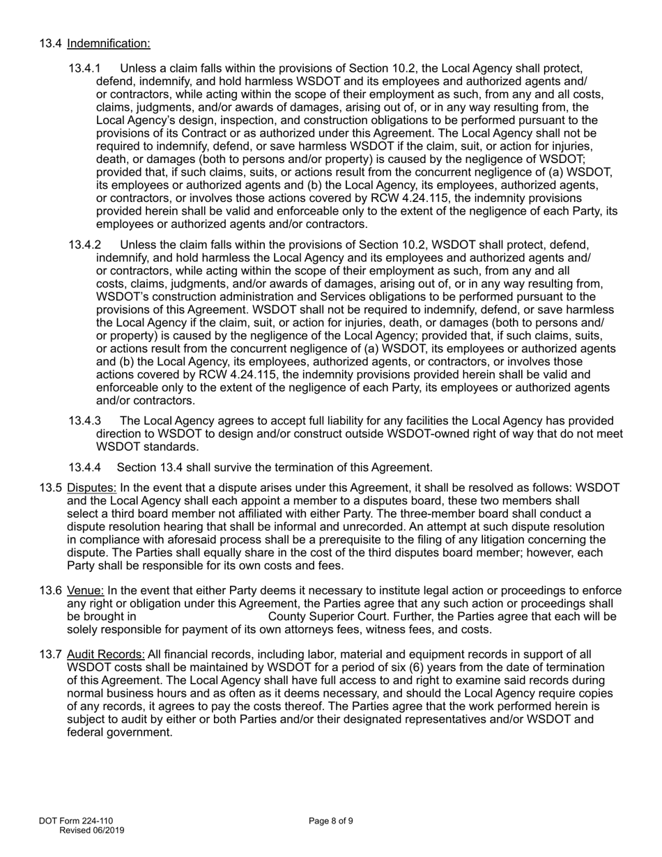 DOT Form 224-110 Wsdot Construction Administration of Local Agency Project - Work by Wsdot - Actual Costs - Washington, Page 8