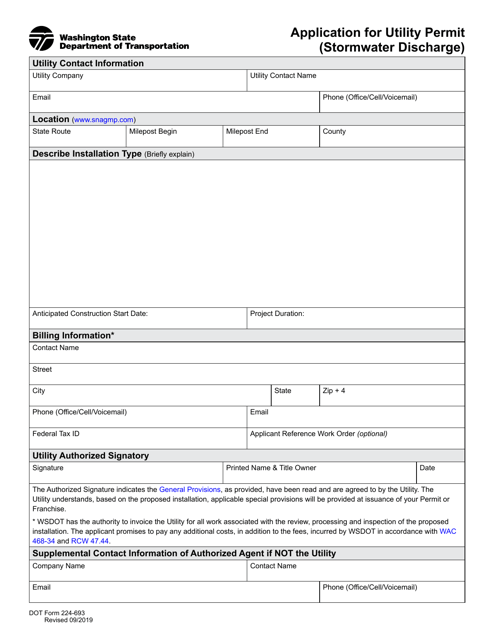 DOT Form 224-693 Application for Utility Permit (Stormwater Discharge) - Washington