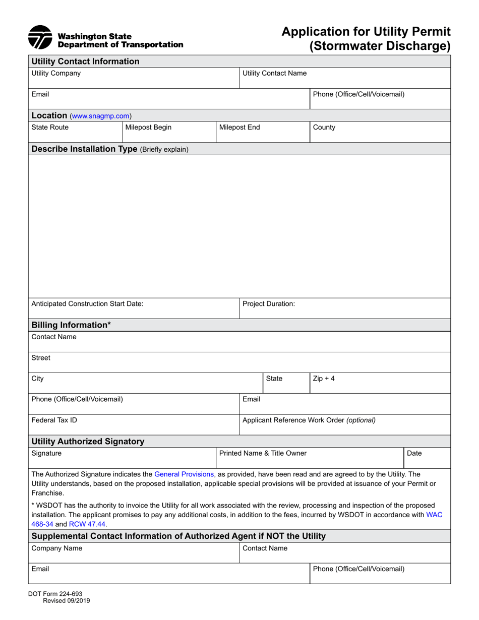 DOT Form 224-693 Application for Utility Permit (Stormwater Discharge) - Washington, Page 1