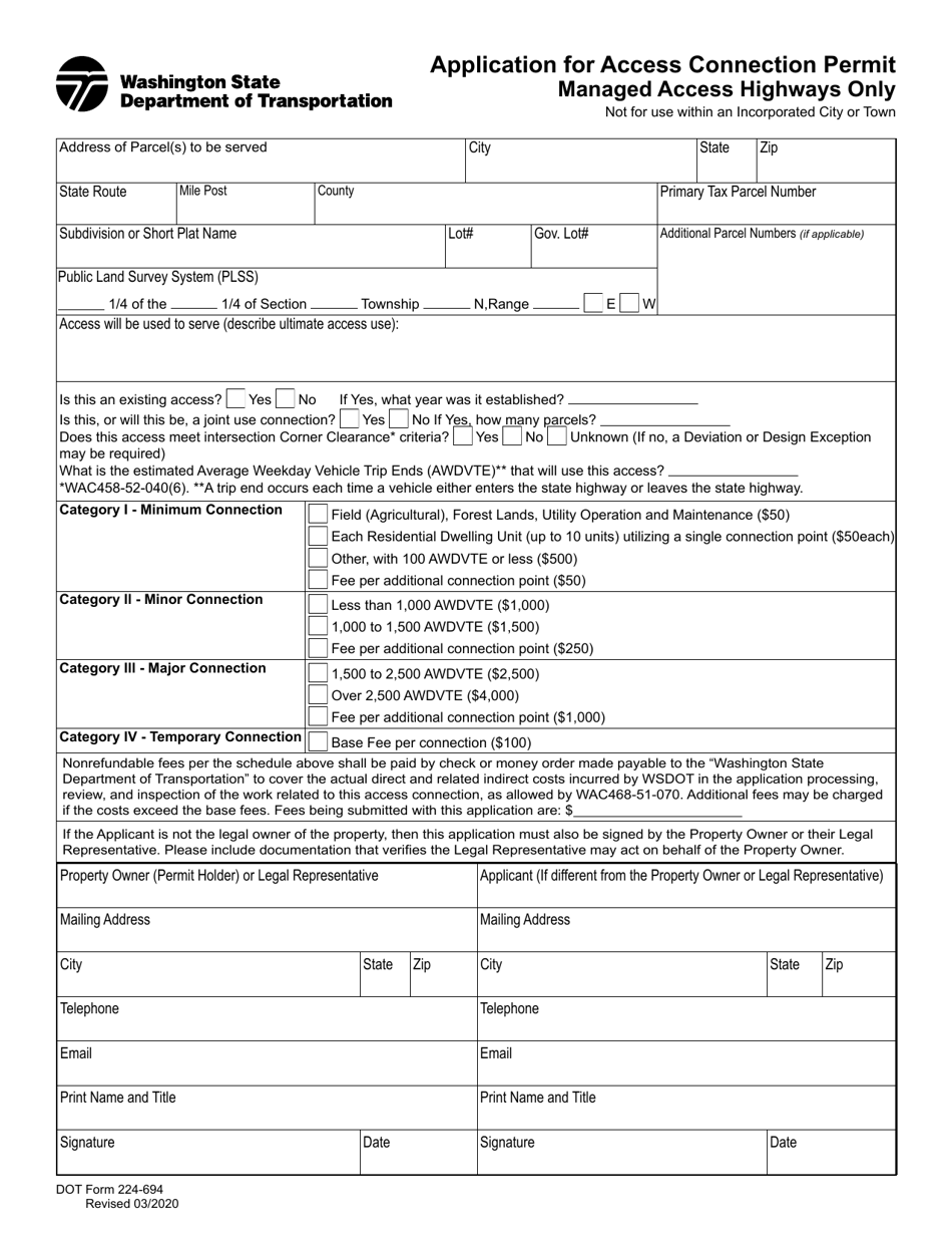 DOT Form 224-694 Application for Access Connection Permit - Managed Access Highways Only - Washington, Page 1