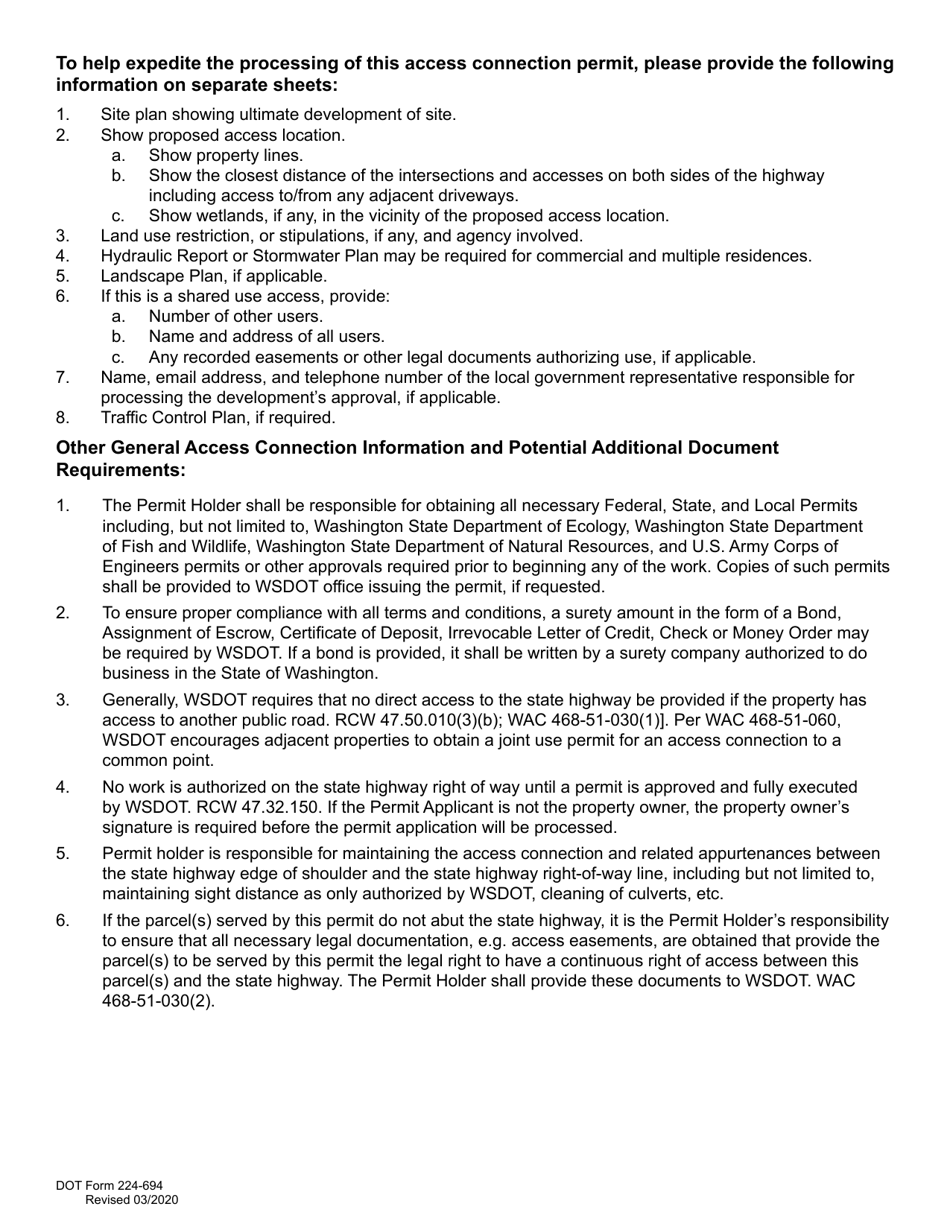 DOT Form 224-694 Application for Access Connection Permit - Managed Access Highways Only - Washington, Page 2