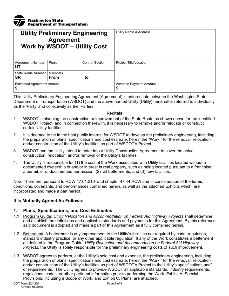 DOT Form 224-301 Utility Preliminary Engineering Agreement - Work by Wsdot - Utility Cost - Washington, Page 1
