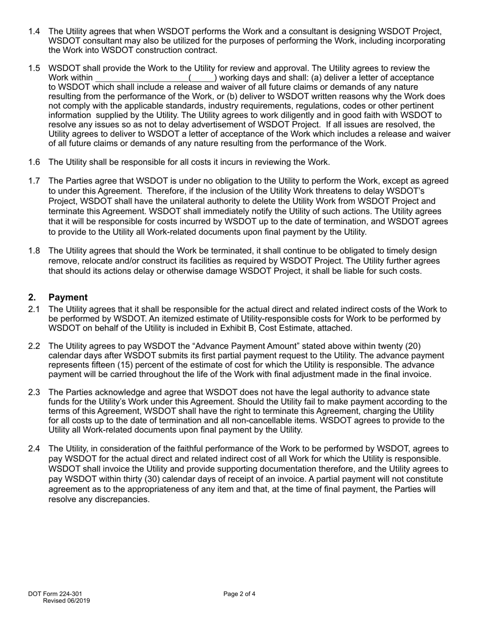 DOT Form 224-301 Utility Preliminary Engineering Agreement - Work by Wsdot - Utility Cost - Washington, Page 2
