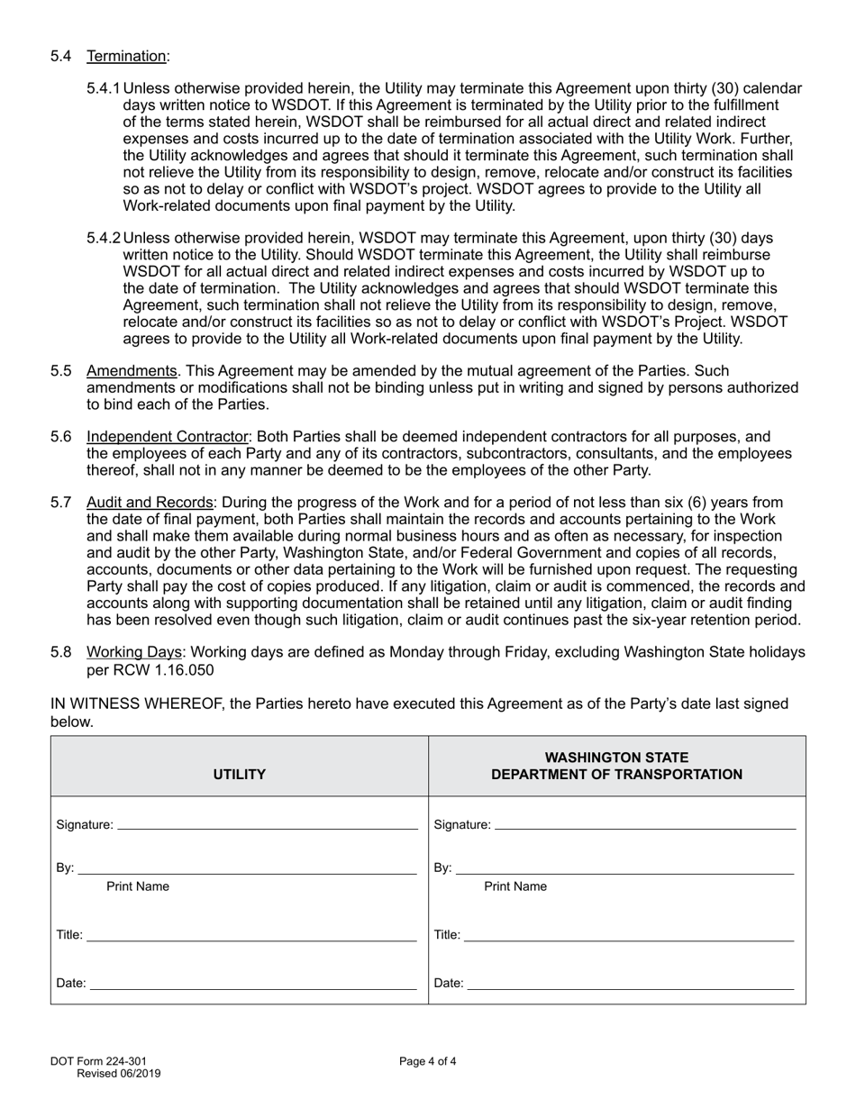 DOT Form 224-301 Utility Preliminary Engineering Agreement - Work by Wsdot - Utility Cost - Washington, Page 4