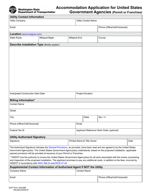 DOT Form 224-699 Accommodation Application for United States Government Agencies (Permit or Franchise) - Washington
