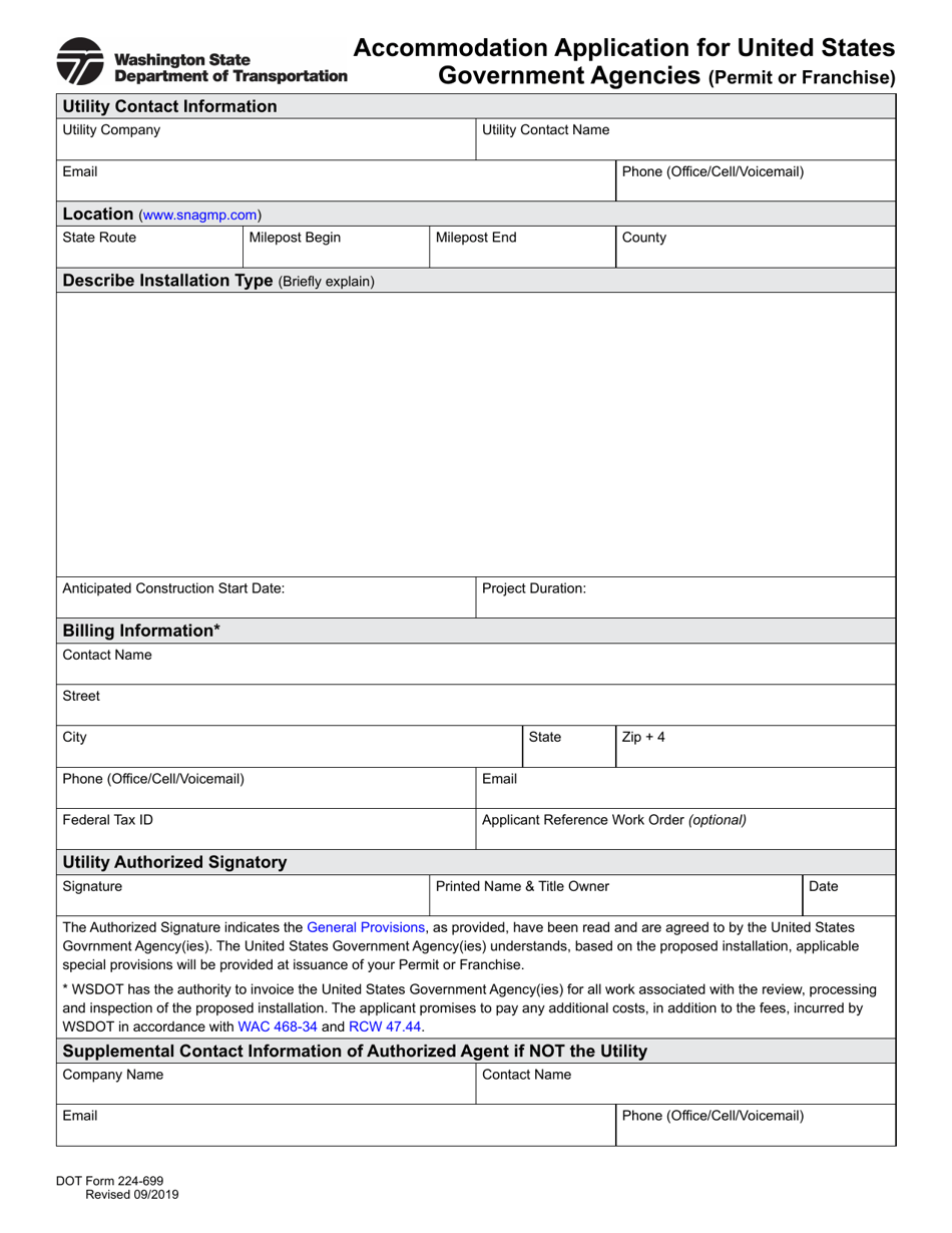 DOT Form 224-699 Accommodation Application for United States Government Agencies (Permit or Franchise) - Washington, Page 1
