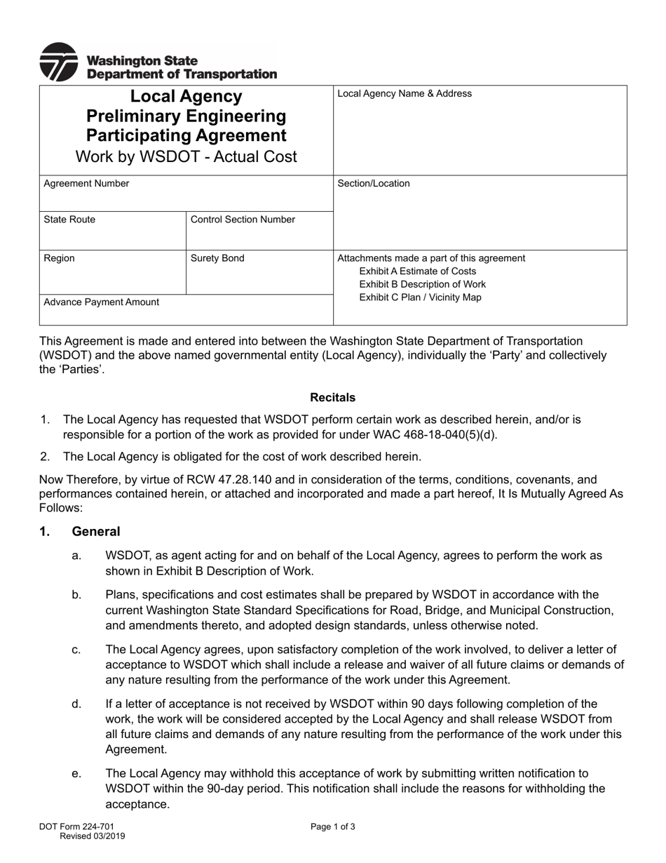 DOT Form 224-701 Local Agency Preliminary Engineering Participating Agreement Work by Wsdot - Actual Cost - Washington, Page 1