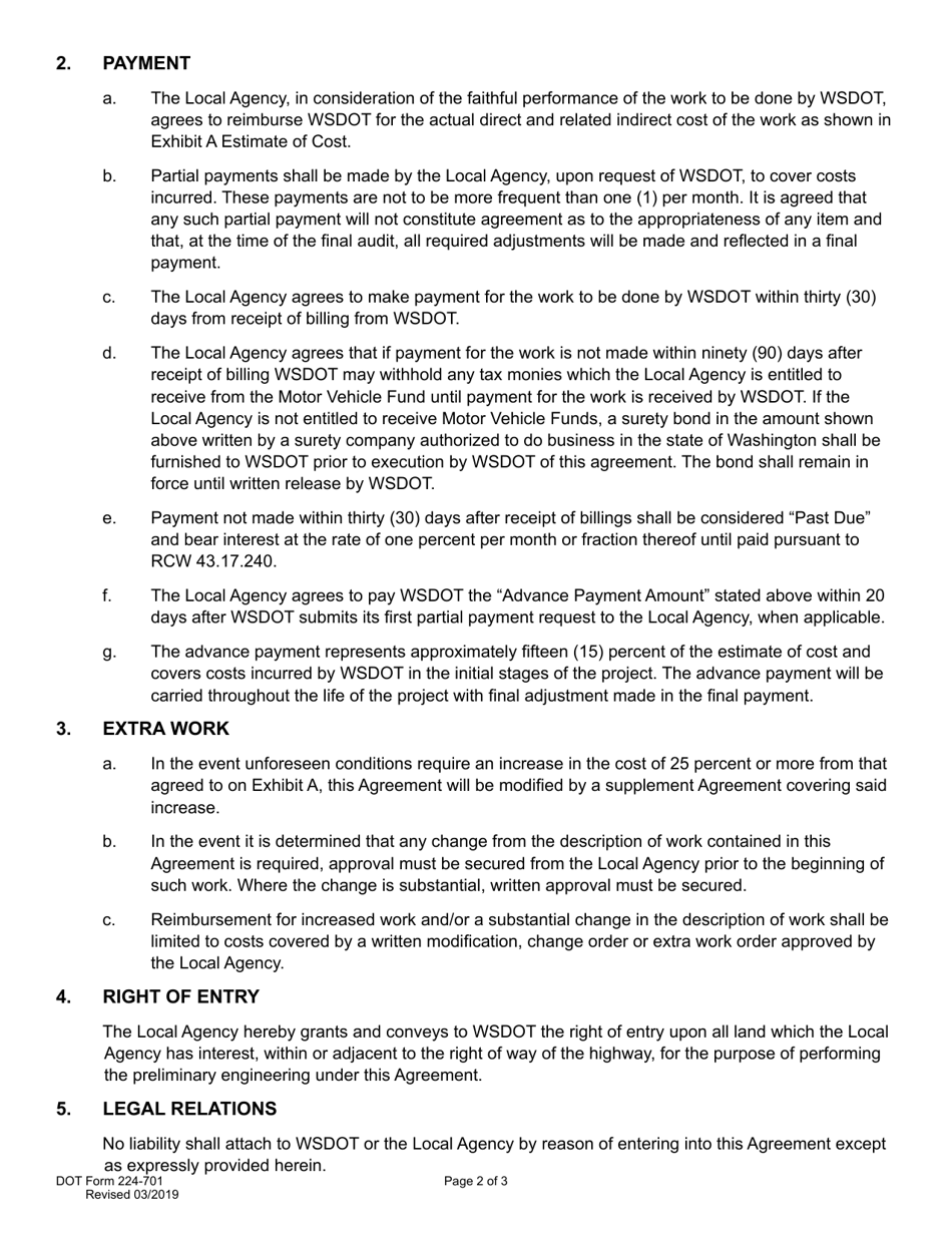 DOT Form 224-701 Local Agency Preliminary Engineering Participating Agreement Work by Wsdot - Actual Cost - Washington, Page 2